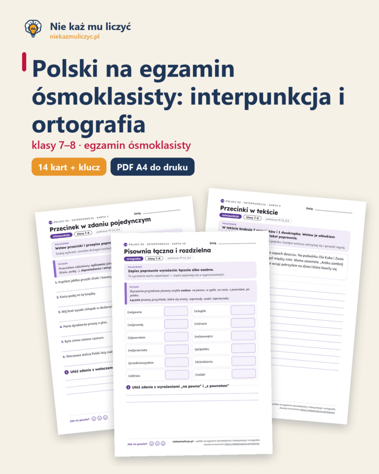 Polski na egzamin ósmoklasisty: interpunkcja, ortografia — 14 kart — okładka