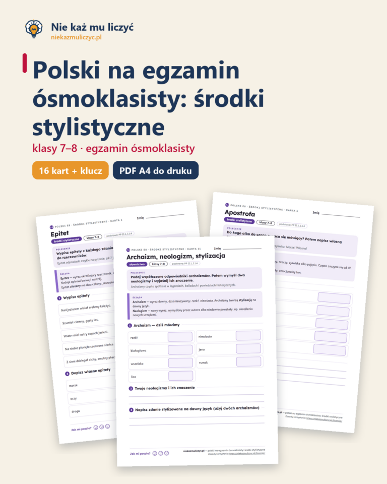 Polski na egzamin ósmoklasisty: środki stylistyczne — 16 kart PDF — okładka