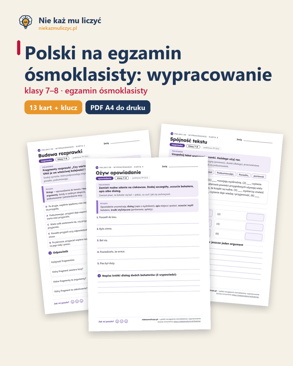 Polski na egzamin ósmoklasisty: wypracowanie — 13 kart PDF z kluczem — okładka