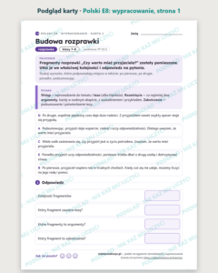Polski na egzamin ósmoklasisty: wypracowanie — 13 kart PDF z kluczem — podgląd karty, strona 1