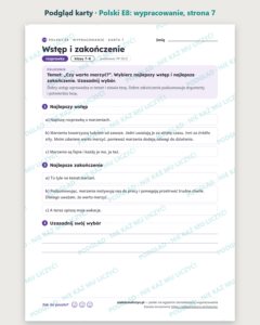 Polski na egzamin ósmoklasisty: wypracowanie — 13 kart PDF z kluczem — podgląd karty, strona 7