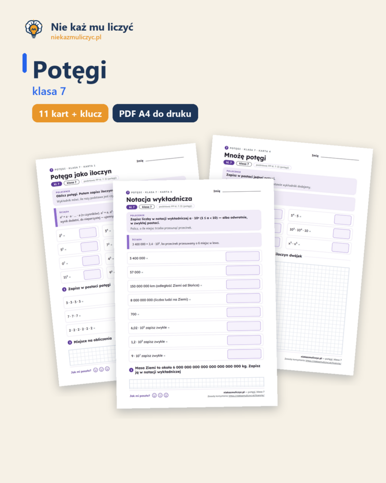 Potęgi, klasa 7 — 11 kart pracy PDF z kluczem — okładka