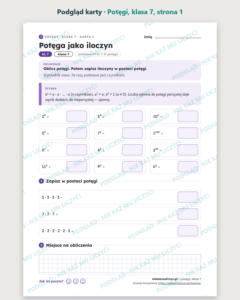 Potęgi, klasa 7 — 11 kart pracy PDF z kluczem — podgląd karty, strona 1