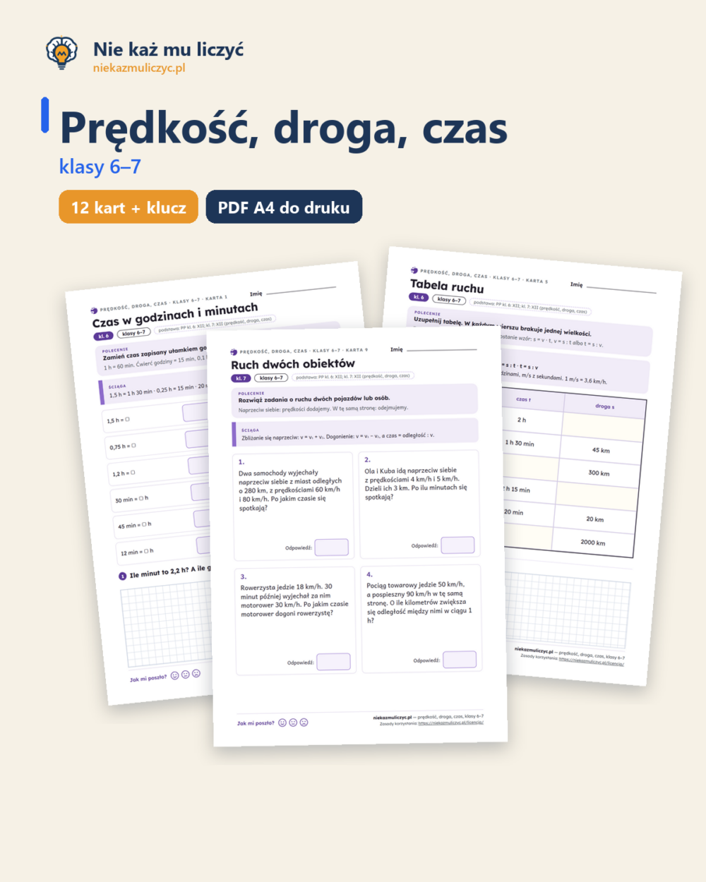Prędkość, droga, czas, klasy 6–7 — 12 kart pracy PDF z kluczem — okładka