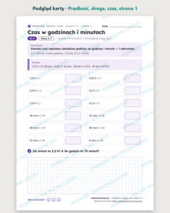 Prędkość, droga, czas, klasy 6–7 — 12 kart pracy PDF z kluczem — podgląd karty, strona 1