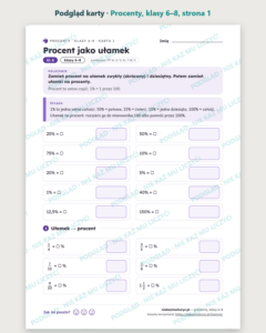 Procenty, klasy 6–8 — 12 kart pracy PDF z kluczem — podgląd karty, strona 1