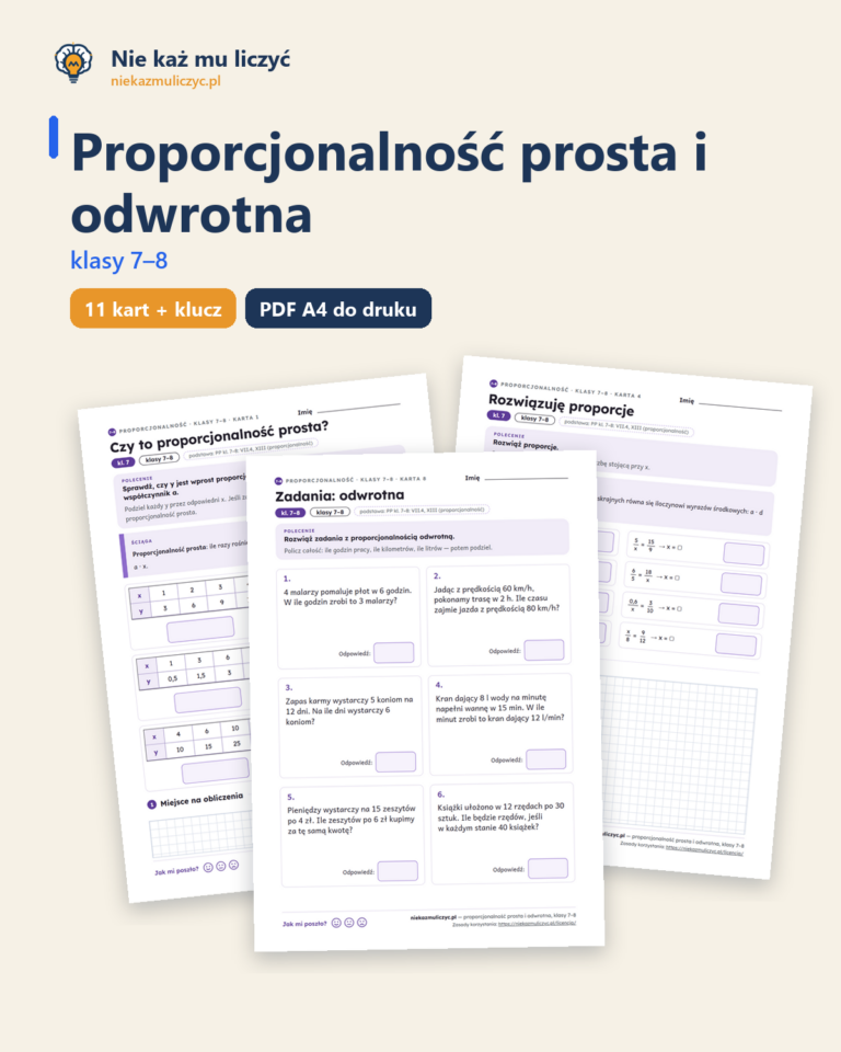 Proporcjonalność prosta i odwrotna, klasy 7–8 — 11 kart z kluczem — okładka