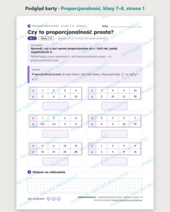 Proporcjonalność prosta i odwrotna, klasy 7–8 — 11 kart z kluczem — podgląd karty, strona 1