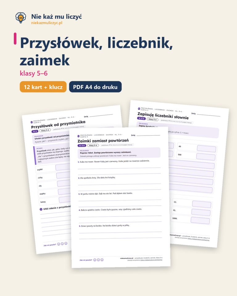 Przysłówek, liczebnik, zaimek, klasy 5–6 — 12 kart pracy PDF z kluczem — okładka