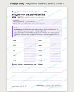 Przysłówek, liczebnik, zaimek, klasy 5–6 — 12 kart pracy PDF z kluczem — podgląd karty, strona 1