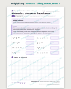 Równania, nierówności i układy równań, matura — 10 kart PDF z kluczem — podgląd karty, strona 1