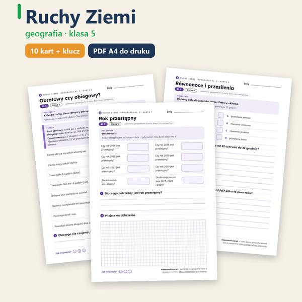 Ruchy Ziemi, geografia klasa 5 — 10 kart pracy PDF z kluczem — okładka