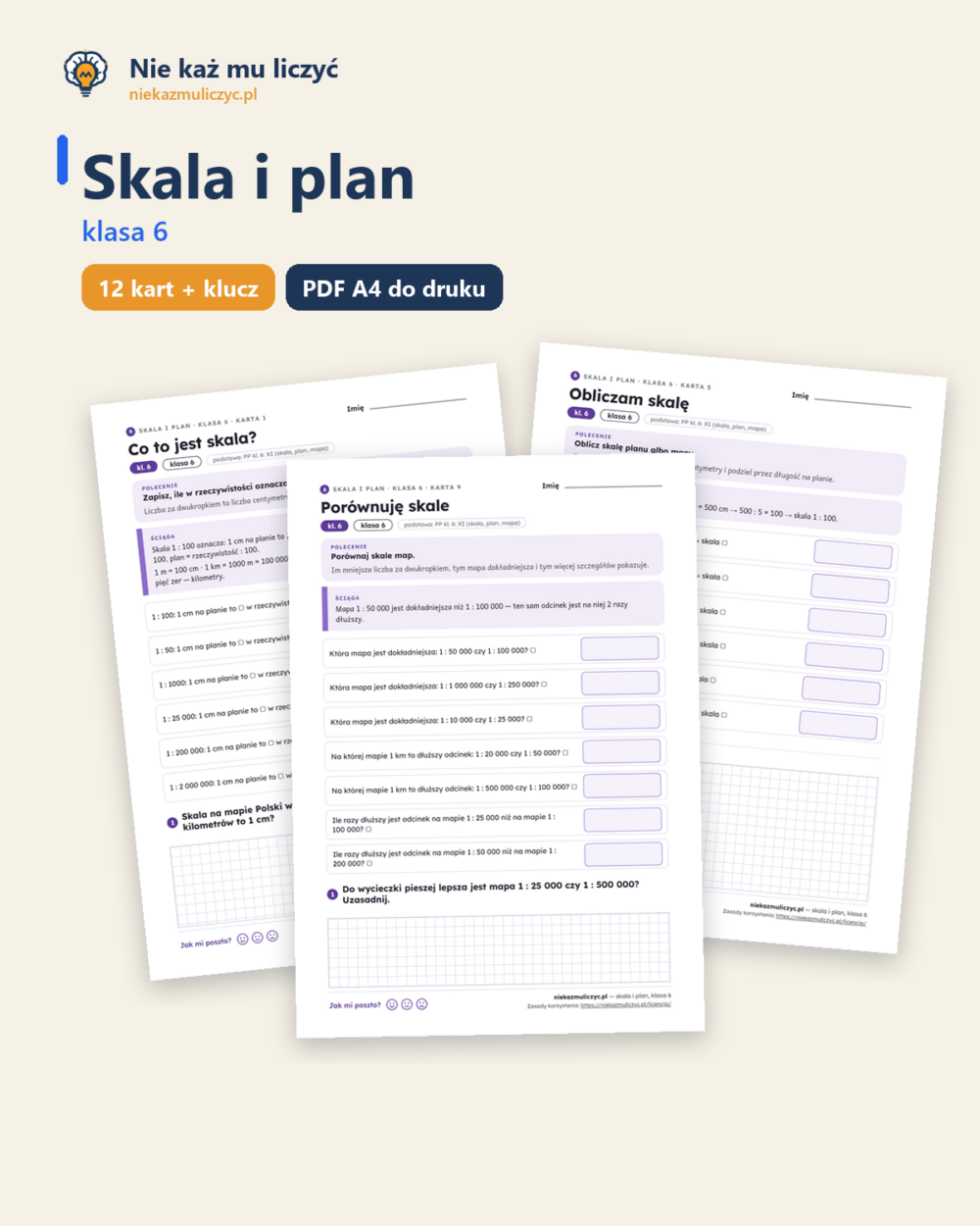 Skala i plan, klasa 6 — 12 kart pracy PDF z kluczem — okładka