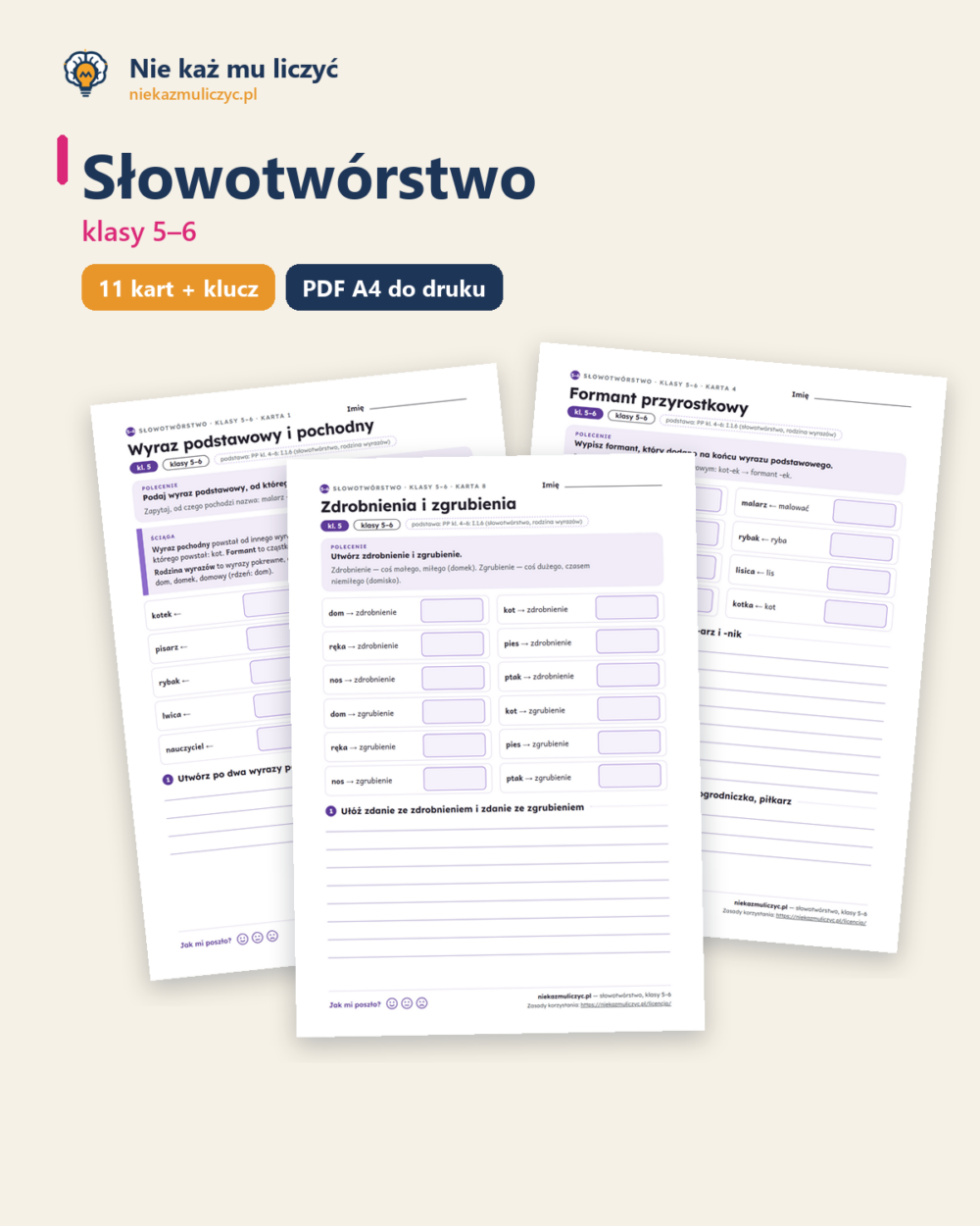 Słowotwórstwo, klasy 5–6 — 11 kart pracy PDF z kluczem — okładka