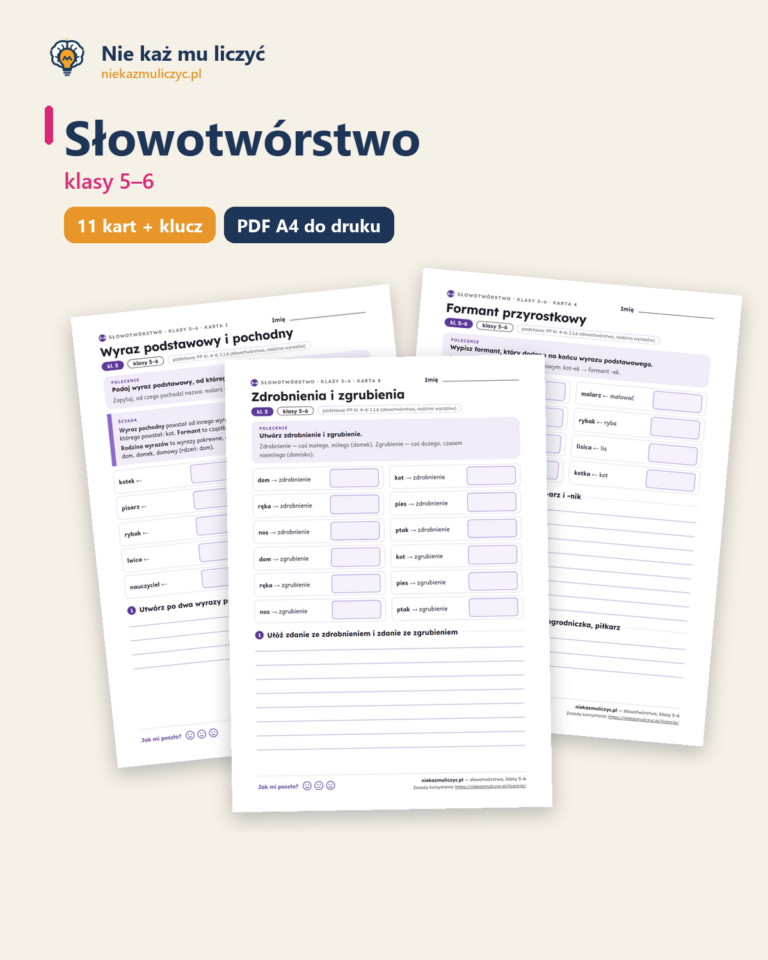 Słowotwórstwo, klasy 5–6 — 11 kart pracy PDF z kluczem — okładka