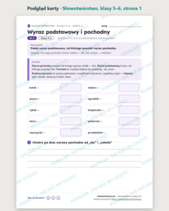 Słowotwórstwo, klasy 5–6 — 11 kart pracy PDF z kluczem — podgląd karty, strona 1