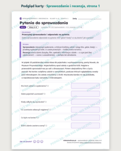 Sprawozdanie i recenzja, klasy 6–8 — 11 kart pracy PDF z kluczem — podgląd karty, strona 1
