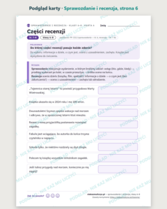 Sprawozdanie i recenzja, klasy 6–8 — 11 kart pracy PDF z kluczem — podgląd karty, strona 6