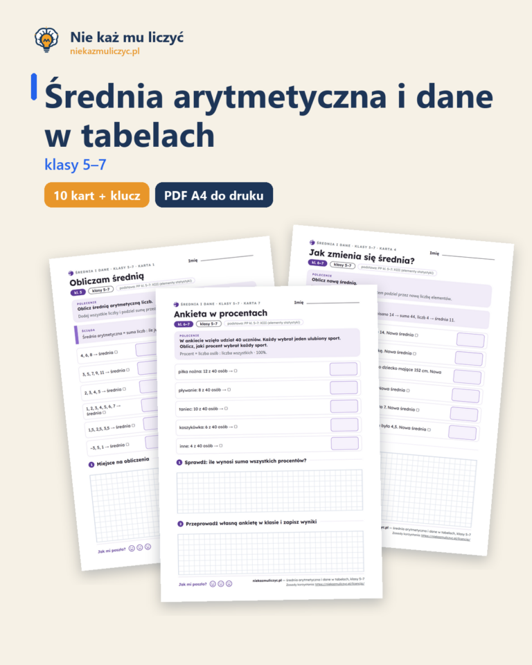 Średnia arytmetyczna i dane w tabelach, klasy 5–7 — 10 kart z kluczem — okładka