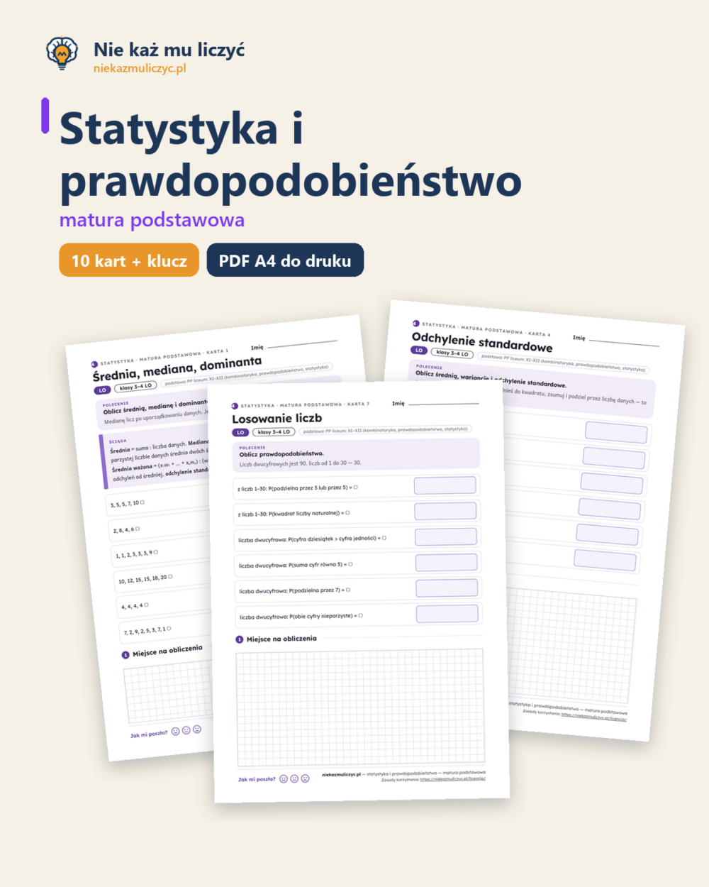 Statystyka i prawdopodobieństwo, matura — 10 kart pracy PDF z kluczem — okładka