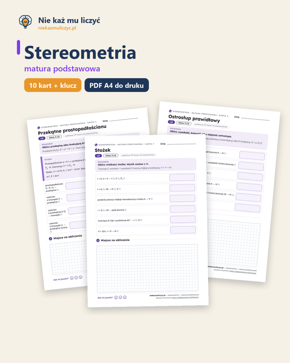 Stereometria, matura — 10 kart pracy PDF z kluczem — okładka
