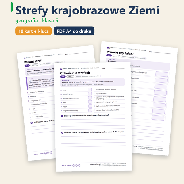 Strefy krajobrazowe Ziemi, geografia klasa 5 — 10 kart pracy z kluczem — okładka
