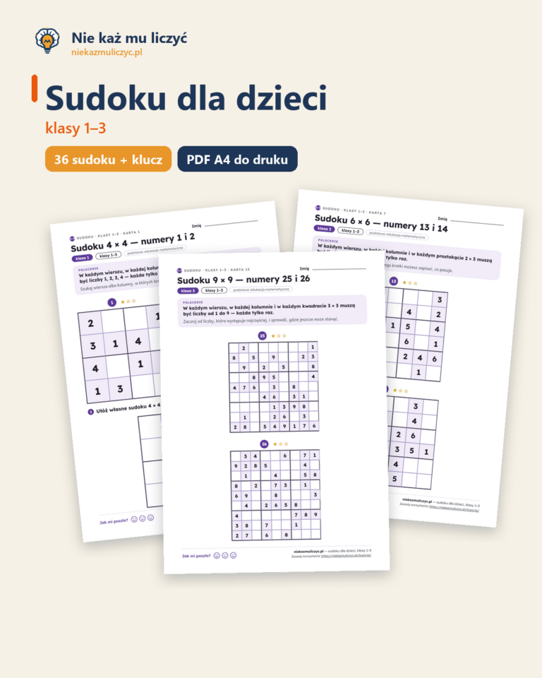 Sudoku dla dzieci, klasy 1–3 — 36 łamigłówek PDF z rozwiązaniami — okładka