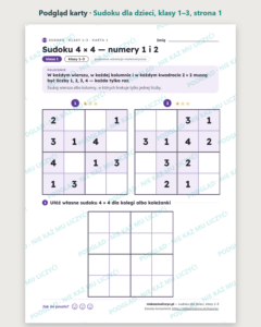 Sudoku dla dzieci, klasy 1–3 — 36 łamigłówek PDF z rozwiązaniami — podgląd karty, strona 1