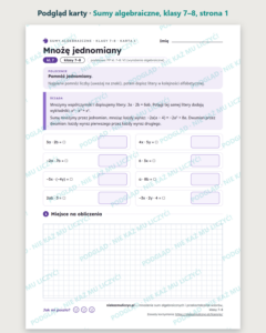 Sumy algebraiczne i przekształcanie wzorów, klasy 7–8 — 11 kart PDF — podgląd karty, strona 1