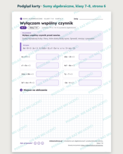 Sumy algebraiczne i przekształcanie wzorów, klasy 7–8 — 11 kart PDF — podgląd karty, strona 6