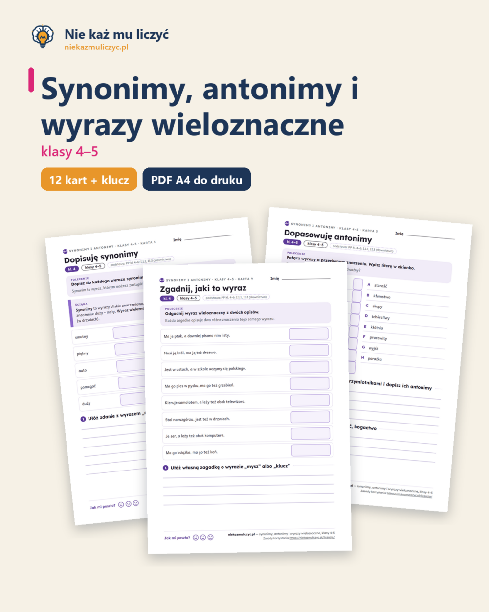Synonimy, antonimy, wyrazy wieloznaczne, klasy 4–5 — 12 kart PDF — okładka
