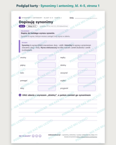 Synonimy, antonimy, wyrazy wieloznaczne, klasy 4–5 — 12 kart PDF — podgląd karty, strona 1