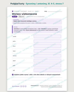 Synonimy, antonimy, wyrazy wieloznaczne, klasy 4–5 — 12 kart PDF — podgląd karty, strona 7