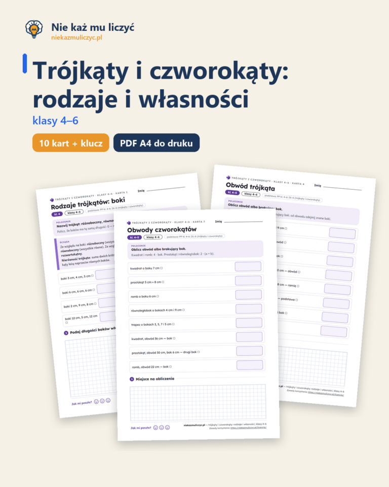 Trójkąty i czworokąty, klasy 4–6 — 10 kart pracy PDF z kluczem — okładka