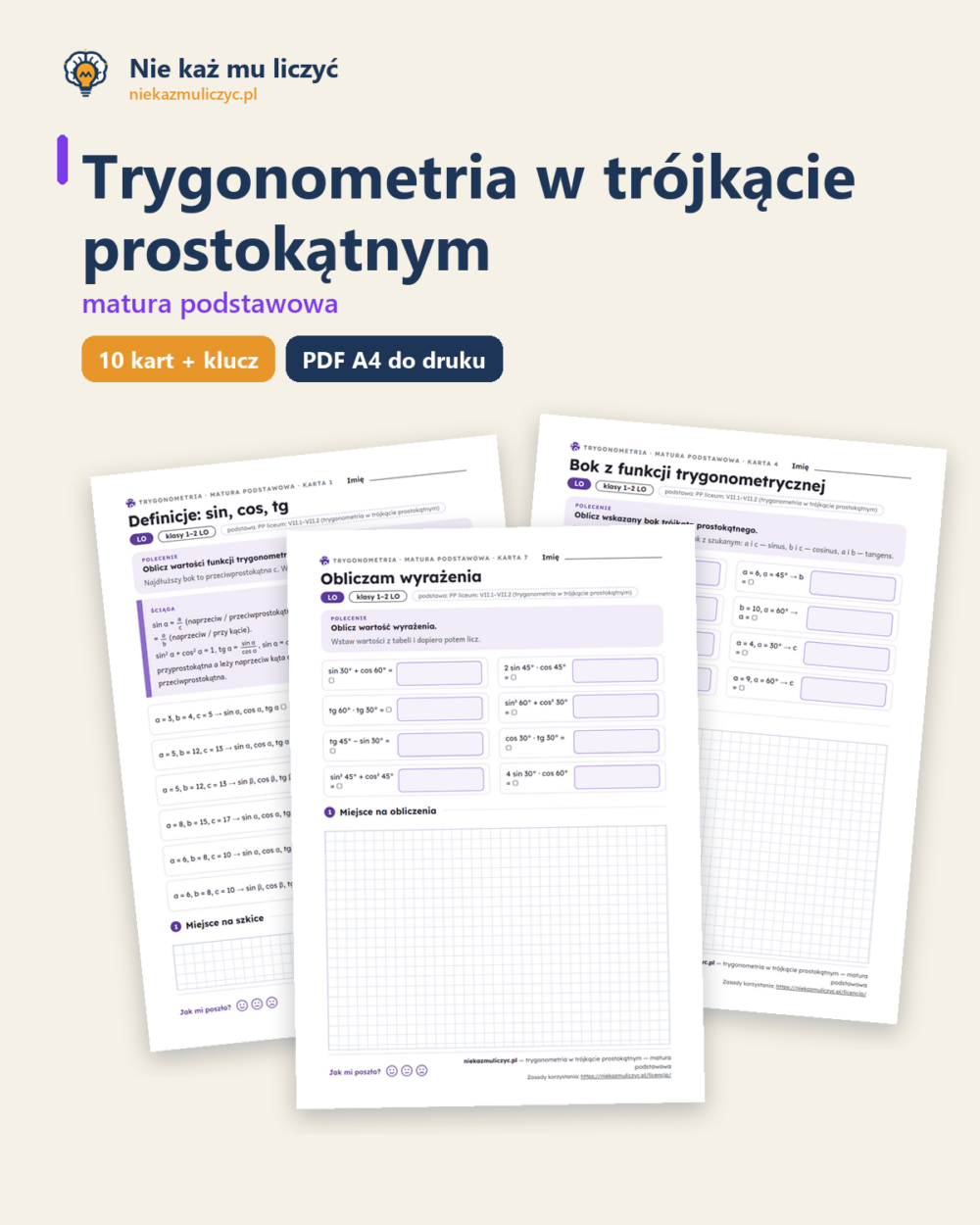Trygonometria w trójkącie prostokątnym, matura — 10 kart PDF z kluczem — okładka