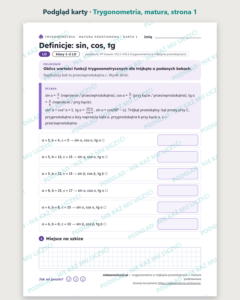 Trygonometria w trójkącie prostokątnym, matura — 10 kart PDF z kluczem — podgląd karty, strona 1