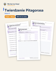Okładka: Twierdzenie Pitagorasa, klasa 8 — 9 kart pracy PDF z kluczem
