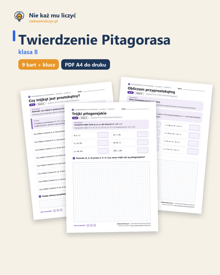 Twierdzenie Pitagorasa, klasa 8 — 9 kart pracy PDF z kluczem — okładka
