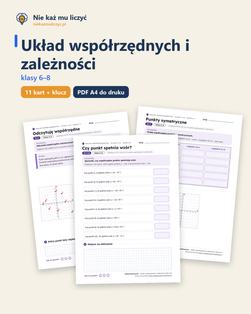 Układ współrzędnych i zależności, klasy 6–8 — 11 kart pracy z kluczem — okładka