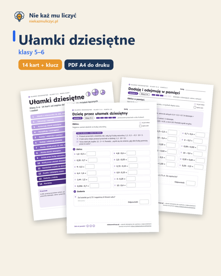 Ułamki dziesiętne, klasy 5–6 — 14 kart pracy PDF z kluczem — okładka