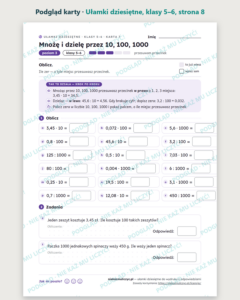 Ułamki dziesiętne, klasy 5–6 — 14 kart pracy PDF z kluczem — podgląd karty, strona 8