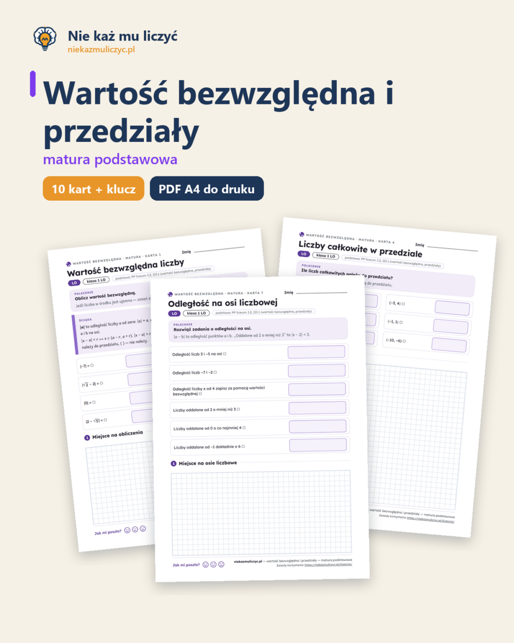 Wartość bezwzględna i przedziały, matura — 10 kart pracy PDF z kluczem — okładka