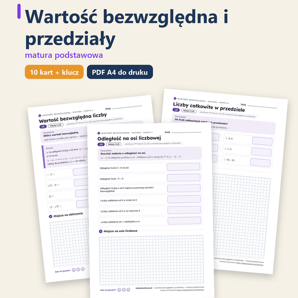 Wartość bezwzględna i przedziały, matura — 10 kart pracy PDF z kluczem