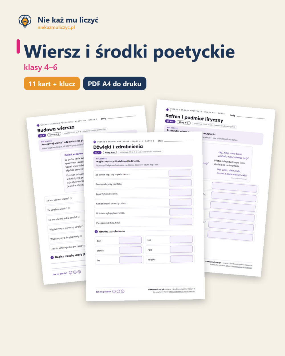Wiersz i środki poetyckie, klasy 4–6 — 11 kart pracy PDF z kluczem — okładka