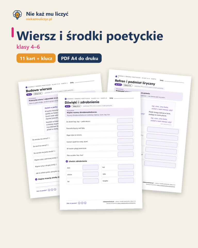 Wiersz i środki poetyckie, klasy 4–6 — 11 kart pracy PDF z kluczem — okładka