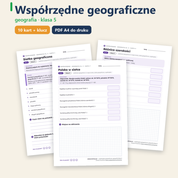 Współrzędne geograficzne, geografia klasa 5 — 10 kart pracy z kluczem — okładka