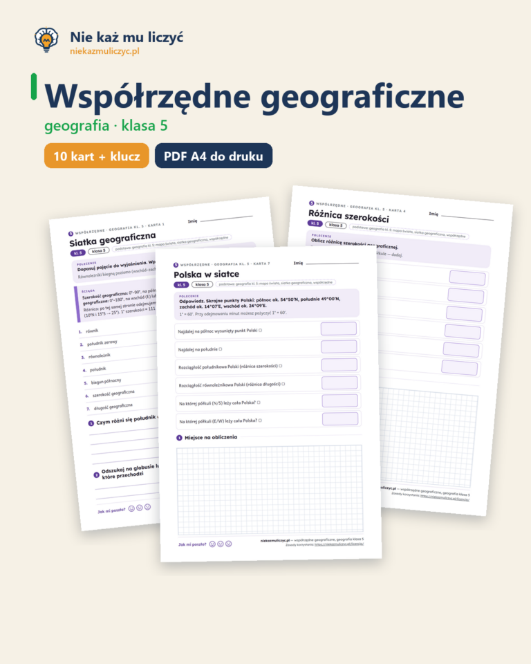 Współrzędne geograficzne, geografia klasa 5 — 10 kart pracy z kluczem — okładka