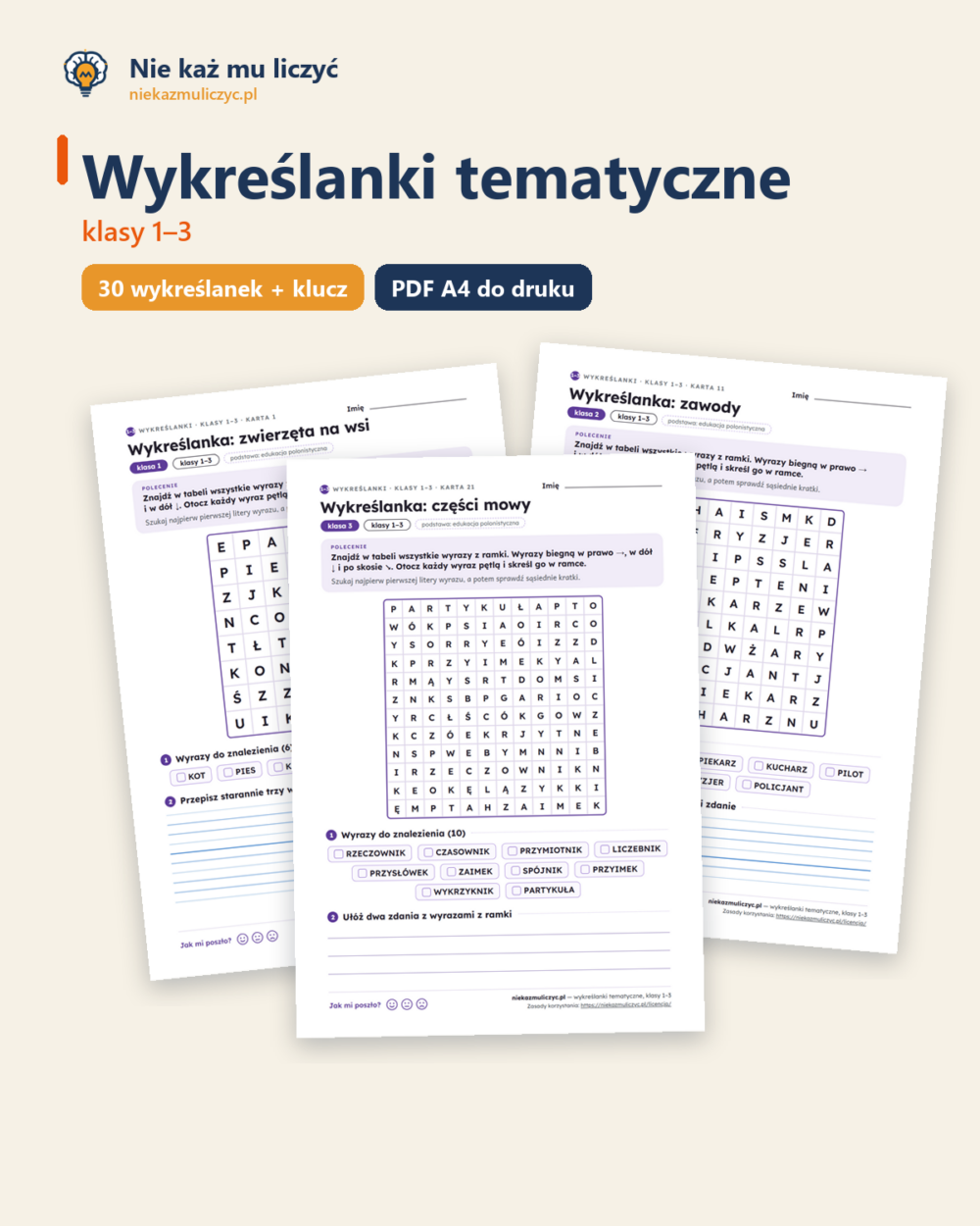 Wykreślanki tematyczne, klasy 1–3 — 30 wykreślanek PDF z kluczem — okładka