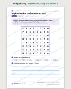 Wykreślanki tematyczne, klasy 1–3 — 30 wykreślanek PDF z kluczem — podgląd karty, strona 1