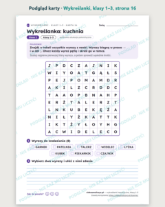 Wykreślanki tematyczne, klasy 1–3 — 30 wykreślanek PDF z kluczem — podgląd karty, strona 16